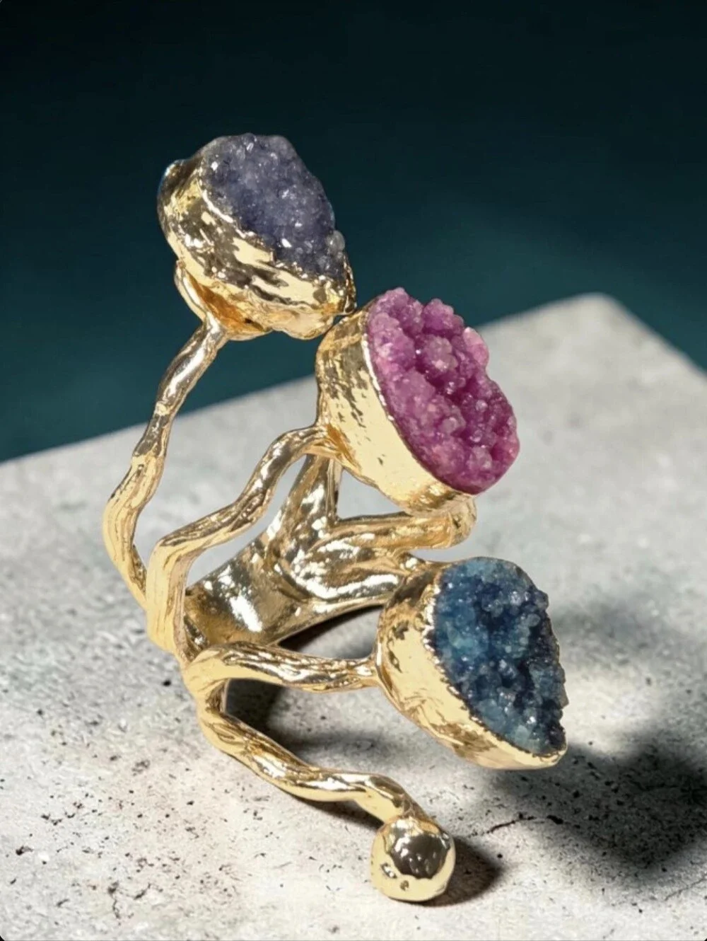 The Best 18k Gold Plated Artisan Sugar Druzy Branch Oversized Statement Ring